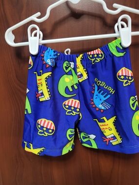 Kids Blue Dino Print Swim Trunks